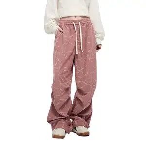 PSYLOS1 Corduroy Casual Pants Sports Bottoms Loose Women's Trousers with Graphic Design & Drawstring Waist