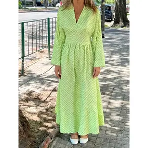 Women's Elegant Batwing Sleeve A-Line Dress with Pleated Waist & Lime Green/White Striped Midi Length - Flowing Maxi-like Pencil for Weddings, Parties, Formal Events - Long Sleeve Evening Gown