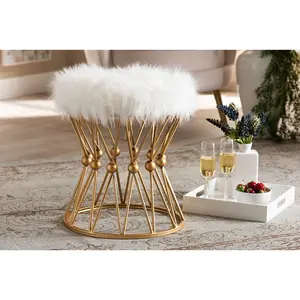 Baxton Studio Leonie Glam and Luxe White Faux Fur Upholstered Gold Finished Metal Ottoman