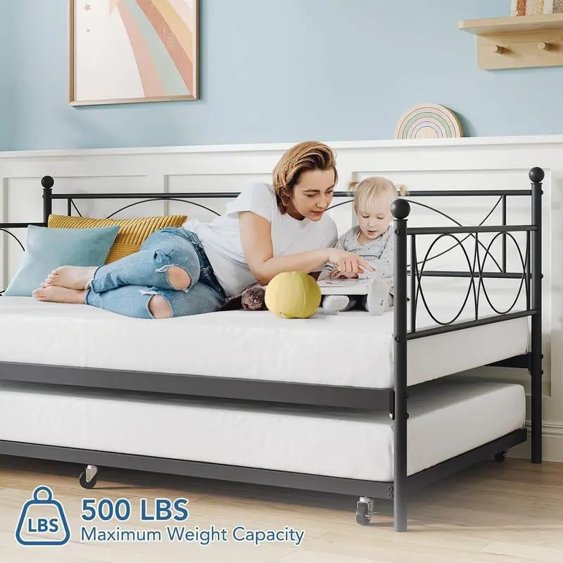 Gaomon Twin Daybed with Headboard - Pull-Out Trundle Bed, Durable Steel Slat Support Frame, Assembly Required Movable Multifunctional Sofa Bed for Bedroom, Living Room