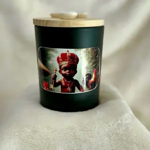 Elegua Candle - Black Container with Unique Design Featuring a Royal Figure and Wooden Lid