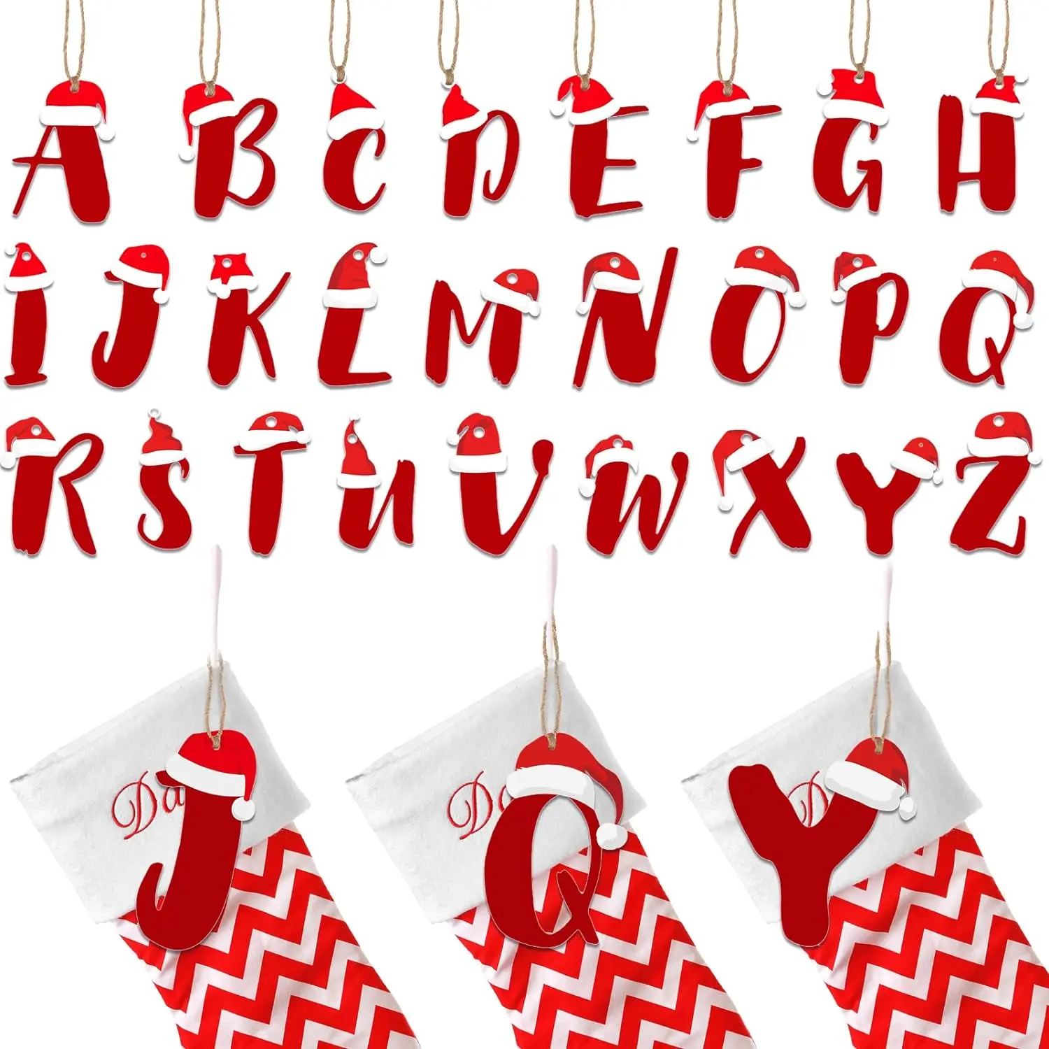 (TODAY ONLY) 26 Pcs Christmas Wooden Letters Christmas Initial Ornaments Unfinished Wood A to Z Ornament Letters Decorative Hanging Xmas Wooden Alphabet Letters for Christmas Tree DIY Craft (Christmas Hat Style)