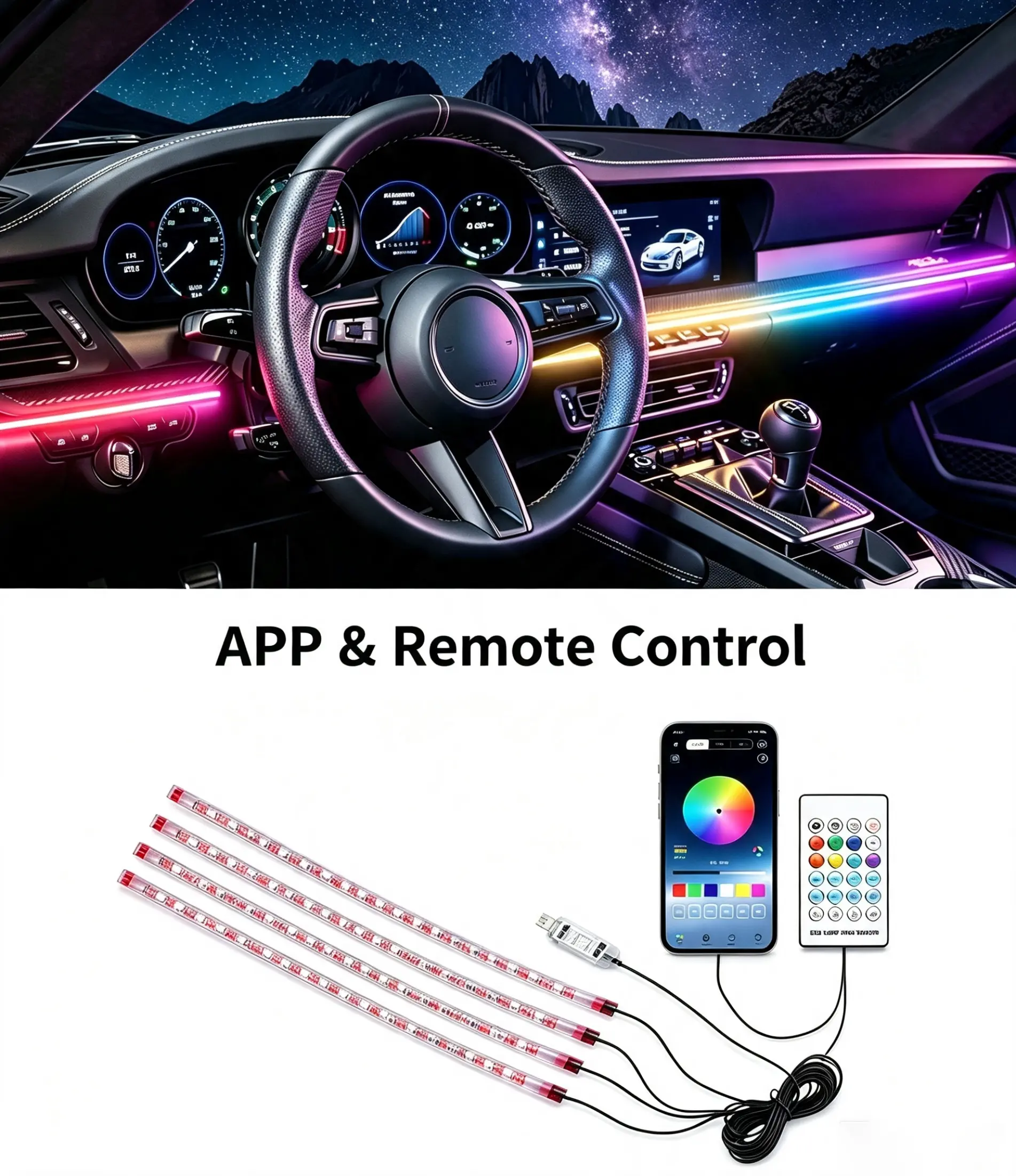RGB LED Strip Car Interior Ambient Light Set - 72 Chips, App & Remote Control, Dynamic Dream Color Chasing, Music Sync, Plug-and-Play 12V, Waterproof, Dustproof, LED+ABS, Adhesive for Footwell Dashboard, for Trucks SUV, Car Light Embellishments