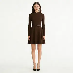 Women's Smooth Soft Stretchy Turtleneck Slim Waist A-Line Long Sleeve Dress, Versatile Soft Fabric Vintage Elegant Outfit for Fall & Winter, Slimming Office Date Wear ruffle hem