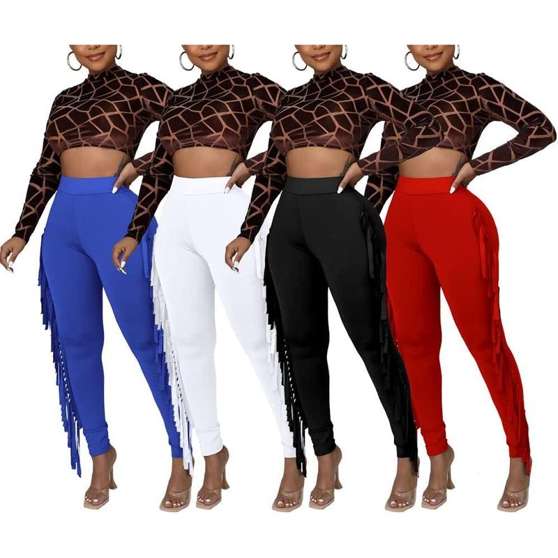 Women's Casual High Waist Fringed Pants With Elastic Waist - Bodycon Tassels Side Long Jogger Sweatpant Womenswear  Minimalist Skinny Highwaist Bottom