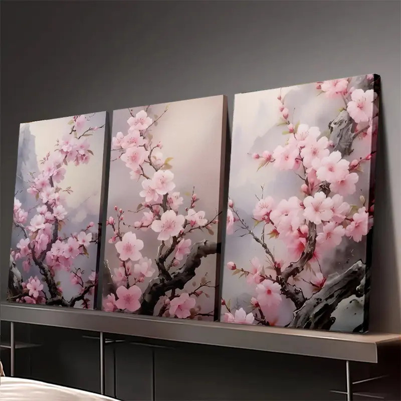 Wooden frame with pink cherry blossom scenery, floral decoration, home decor, wall art, high-definition print, Canvas Prints, Canvas Decor Painting is an ideal gift for the living room, bedroom, dining room, and office