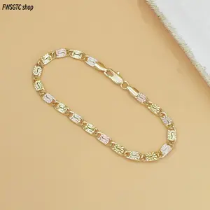 14K Gold Tri-Color Mariner Link Bracelet for Women, Polished Floral Engraved Three Tone Gold Chain, Dainty Minimalist Jewelry, Elegant Fashion Accessory Perfect for Daily Wear, Party Dating and Birthday Holiday Gift for Her
