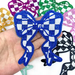 CY 8pcs Glitter Checkerboard Bow Iron On Patches Embroidered Applique for Trucker Hats Clothes Sweatshirt Jackets Bags DIY Decoration,Blue