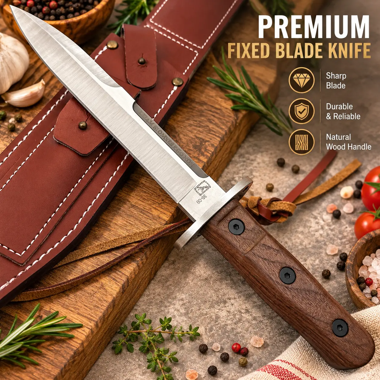 High-quality kitchen knife, sharp stainless steel cooking knife for food preparation, cutting meat and vegetables, natural wooden handle, heavy-duty kitchen prep knife with storage sheath Knives