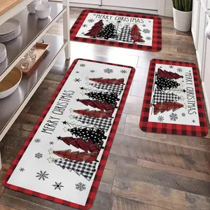 2/3pcs Christmas Kitchen Carpet Floor Mat, Merry Christmas Grid Christmas Tree Snowflake Pattern Non slip Floor Mat, Suitable for holiday kitchens, entrance doors, laundry rooms, bathrooms, living rooms, Decorative Rugs