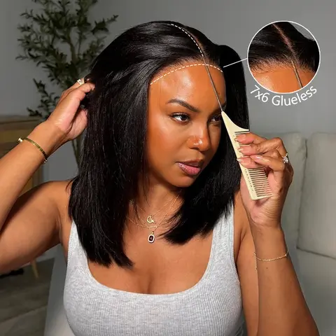 STERLY Layered Cut Yaki Straight Glueless Wig Put On and Go Realistic Glueless Straight Bob 7x6 HD Lace Wig 100% Human Hair Pre Plucked Hairline 180% Density Double Drawn Human Hair Wig Beginner-Friendly Wigs #tiktokshopstockup
