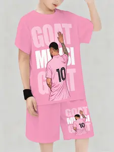 Messi No. 10 Sports Set Men's Breathable Casual Short Sleeve Shorts, Sportswear Clothing, Trendy Football Theme, Sporty Style, Loose-Fitting Suit, All over Print