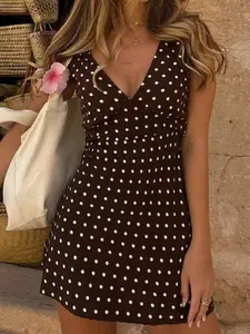 Women's Polka Dot Print V Neck Dress, Casual Sleeveless Short Dresses for Summer, Ladies Clothes for Daily Wear