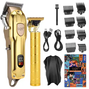 Professional Gold Cordless Hair Clipper Set for Men - LED Display, 8 Guide Combs, Haircut Cape, Barber Shaver & Trimmer Kit for Home & Salon Use