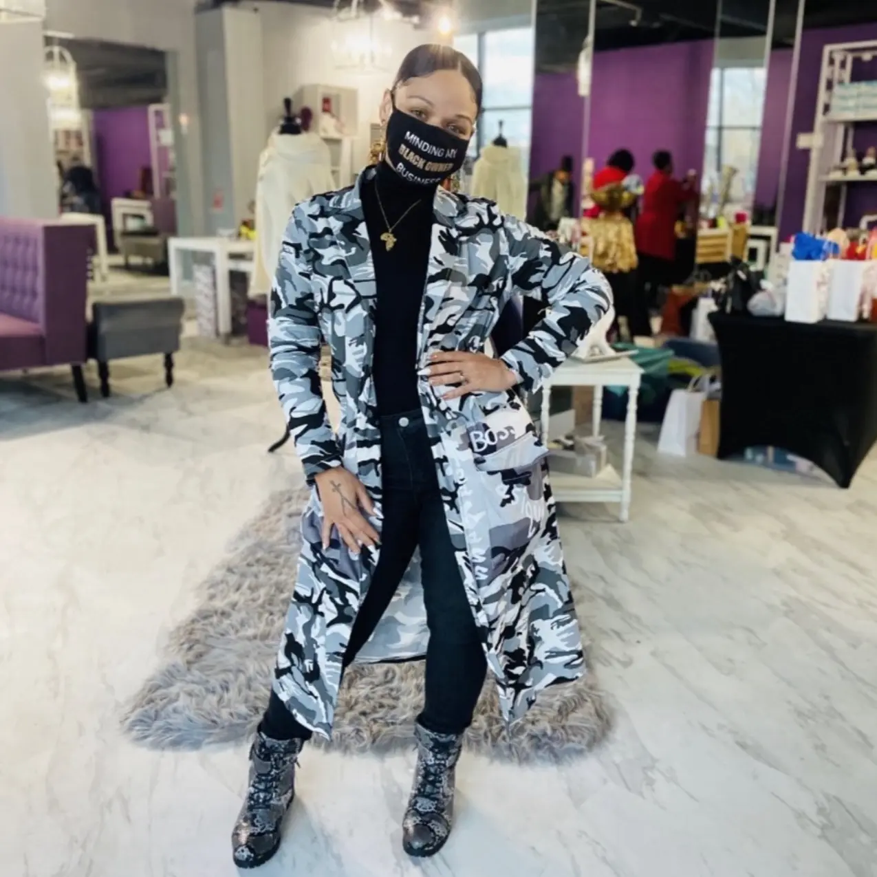 Comfy Stretch Camouflage Trench Coat for Women with Deep Collar and 2 Side Pockets Cardigan Coats Lightweight Womenswear Tops