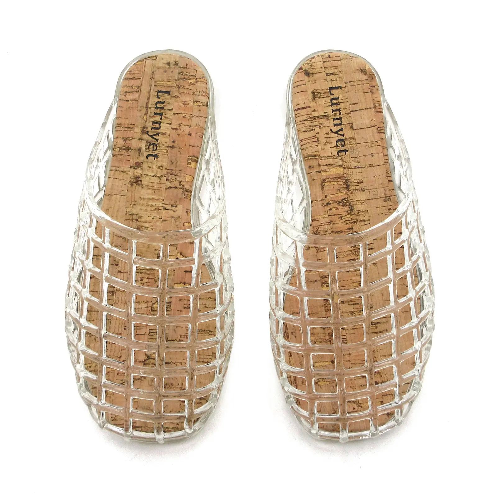 Women's Clear Grid Jelly Mules - Hollow Woven Transparent Slip-On Slide Sandals with Natural Cork Insole, Breathable Flat Summer Beach Slippers for Outdoor Sports