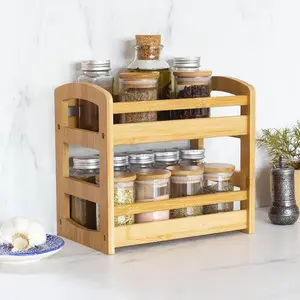 Bamboo Wood Spice Rack, 2-Tier Seasoning Holder, Kitchen Counter Organizer, Cabinet Storage Shelf, Natural Material, Space-Saving Design