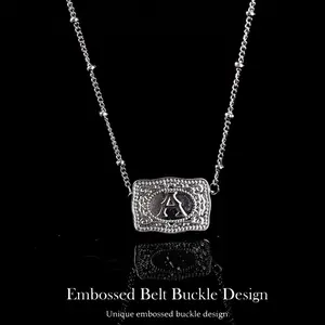 Initial Letter Pendant Necklace with Embossed Belt Buckle,Rhodium-Plated,Tarnish-Resistant, 18" Extender Length