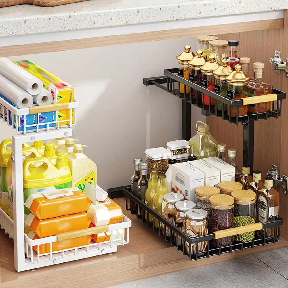 2-Tier L-Shaped Height-Adjustable Sturdy Metal-Plastic Kitchen Cabinet Rack - Easy Assembly Steel Spice Shelf Risers, Beverage Organizer, Base Cabinet Storage, Bathroom Storage, Garage Organizer, Housewarming Gift Souvenir Home Improvement Fixture