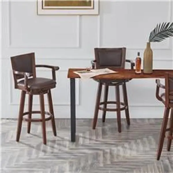 34 in. Extra Tall Broadmoor PU Leather Swivel Barstool - Cherry Accent, Rubberwood Frame, Cappuccino, 26.5x34x22 in Sturdy Indoor Swivel Chairs for Friends, Home Bar, Game Night