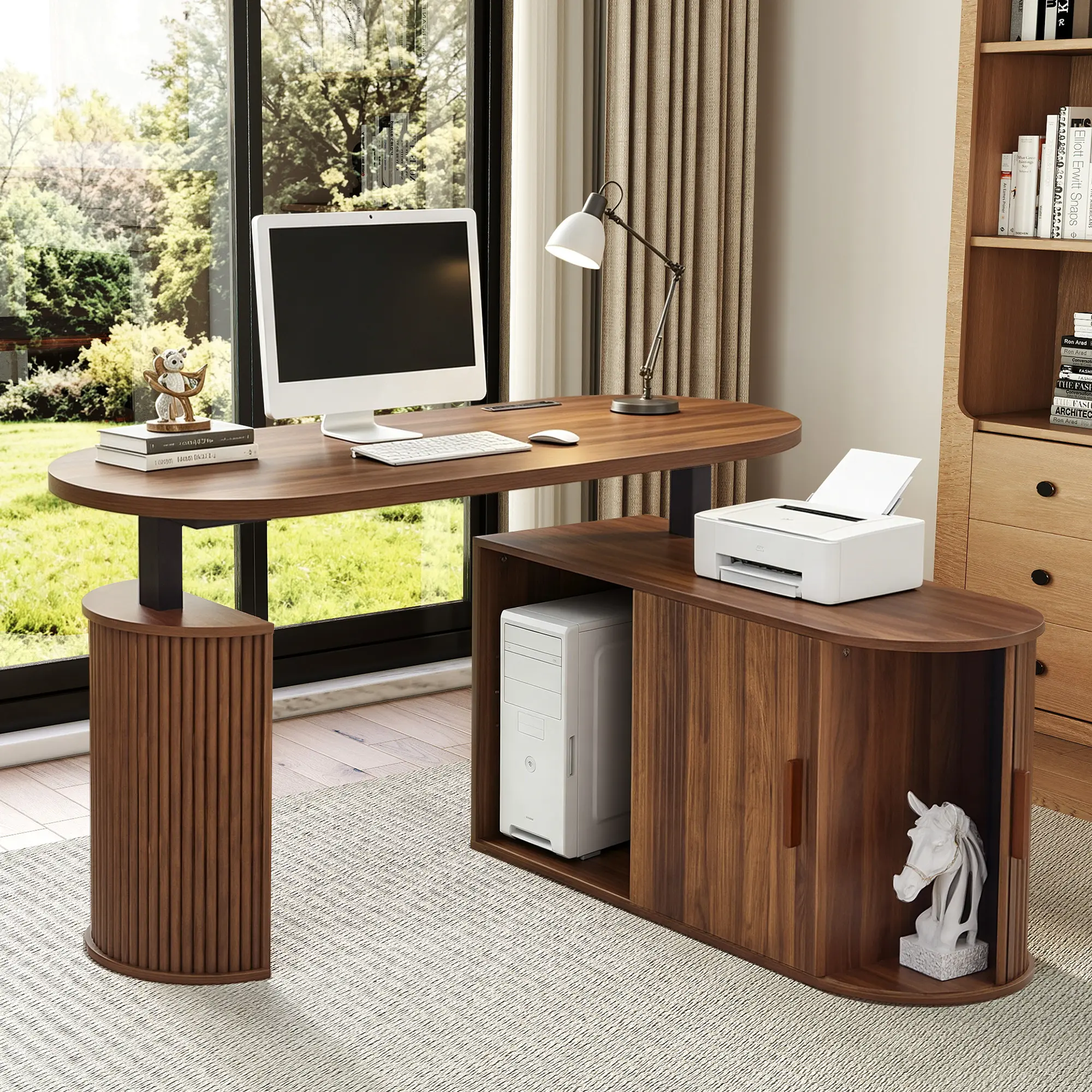 Giratree Mid Century Modern Electric L Shaped Standing Desk, 55 x 43 Inch Corner Sit Stand Up Desk with File Drawer, USB & Type-C Charging Ports 2 Cabinet, Wooden Adjustable Height Computer Executive Desk for Home Office, Walnut