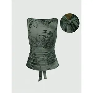 Women's sleeveless lace up slim mesh top with butterfly flower design, summer fashion, comfortable and fashionable women's clothingRAIMENTRY