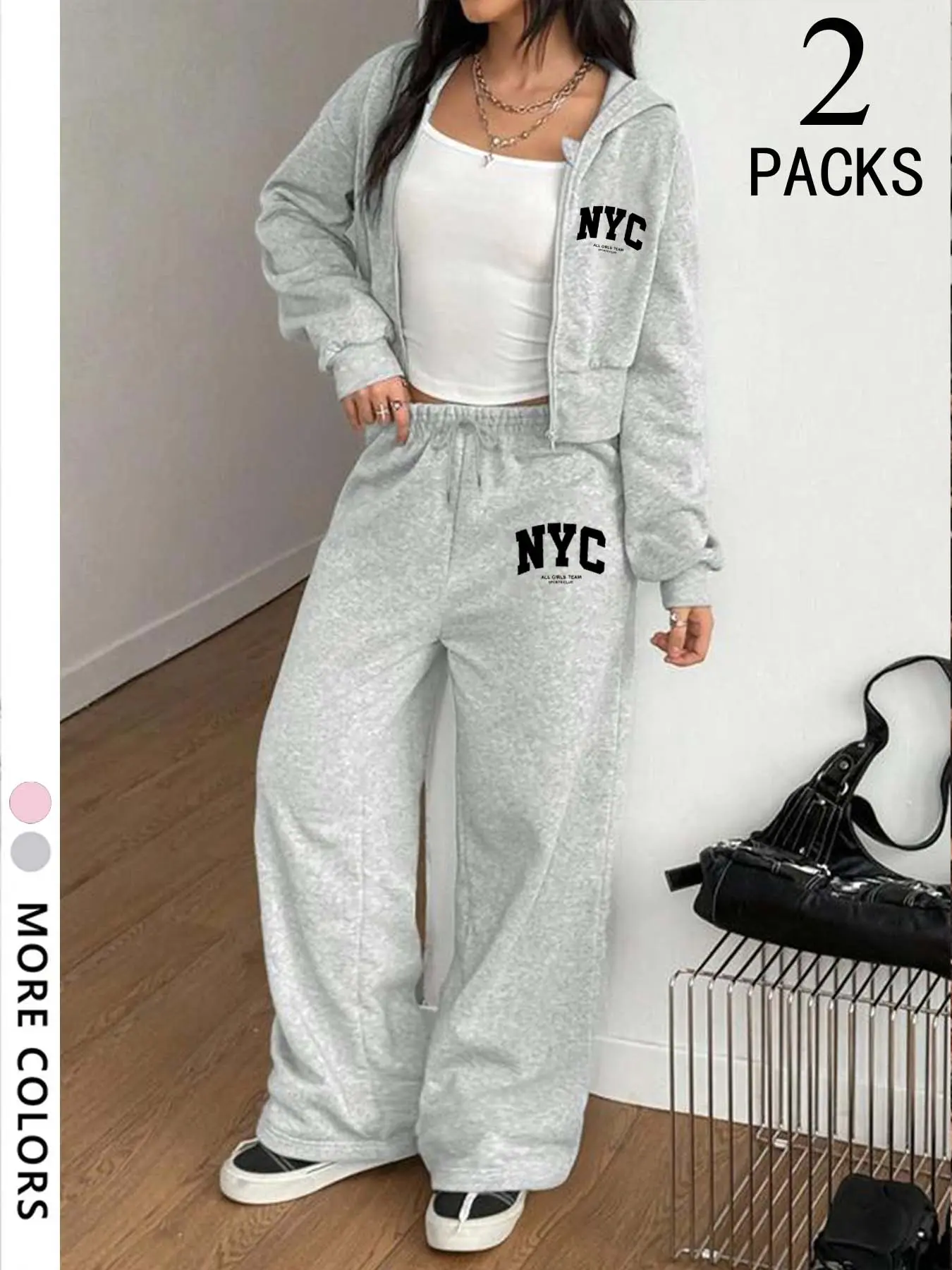 Tiktok Friday Christmas Must-Have American Sweet Cool Fashion Set, Nyc Hooded Two-Piece Style, Short Zipper Sweatshirt & Wide Leg Pants, Prints