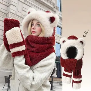 Aeropostale 3-Piece Winter Set Red & White Balaclava Hat Scarf & Gloves with Bear Design Warm Color Block for Christmas Cold Weather Unisex Cozy Stylish  shoulder brooch