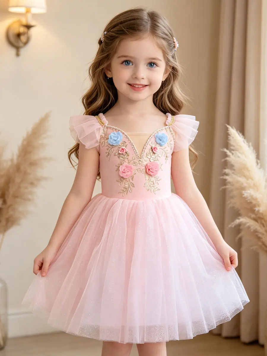 Girls Pink 3D Floral Ballet Tutu Dress | Flutter Sleeve Gold Embroidery Glitter Tulle Princess Costume