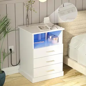 Vabches LED Nightstand with Charging Station, Side Table with 3 Drawers and Light, End Table with Open Storage, Beside Cabinet for Bedroom