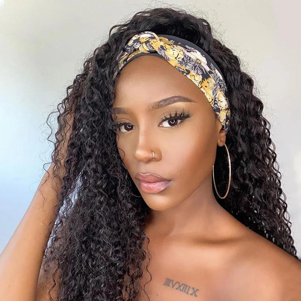 Bling Hair Headband Wig Deep Wave Human Hair None Lace Front Wig Human Hair Machine Made Wigs Glueless Curly Hair Headband Half Wigs for Black Women Human Hair Natural Color
