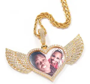 Heart Wings Photo Pendant Gold Plated Custom Angel Wing Heart Shape Photo Medallion Necklace