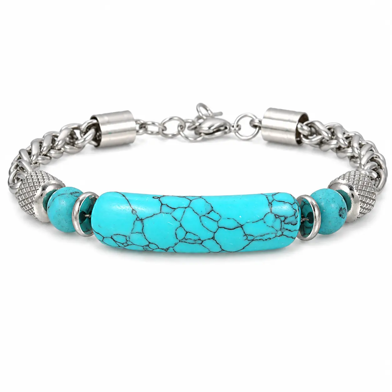 SL10-Vintage Punk Style Chunky Chain Bracelet, Turquoise-Style Long Stone Bar with Knurled Metal Ends, Unisex Western Streetwear Wrist Accessory, Adjustable Hip-Hop Jewelry