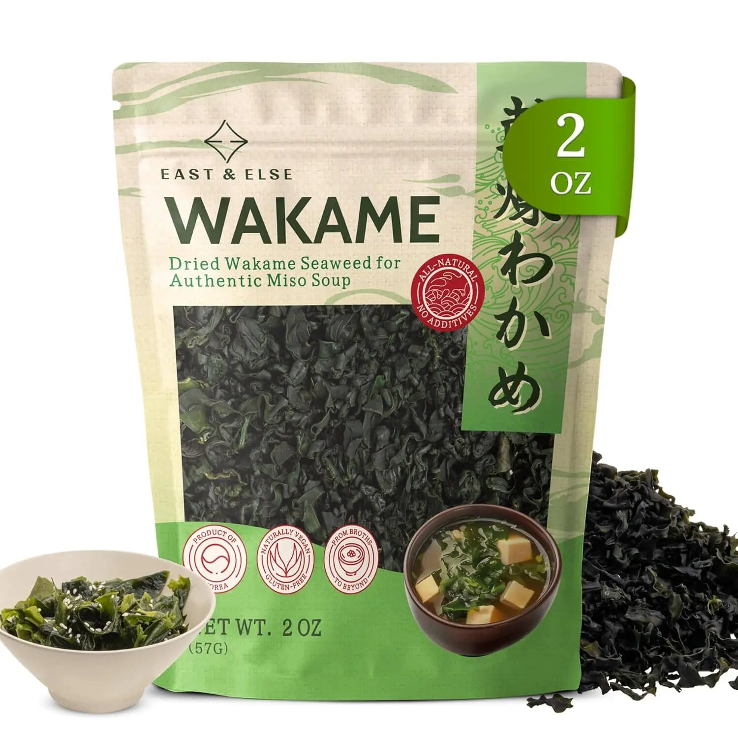 East and Else Wakame Seaweed, Dried Wakame Flakes, 100% Natural Sea Vegetable for Miso Soup, Salads, Ramen & Miyeokguk Soup, Pre-Cut, Ready-to-Use, Resealable Bag, Product of Korea