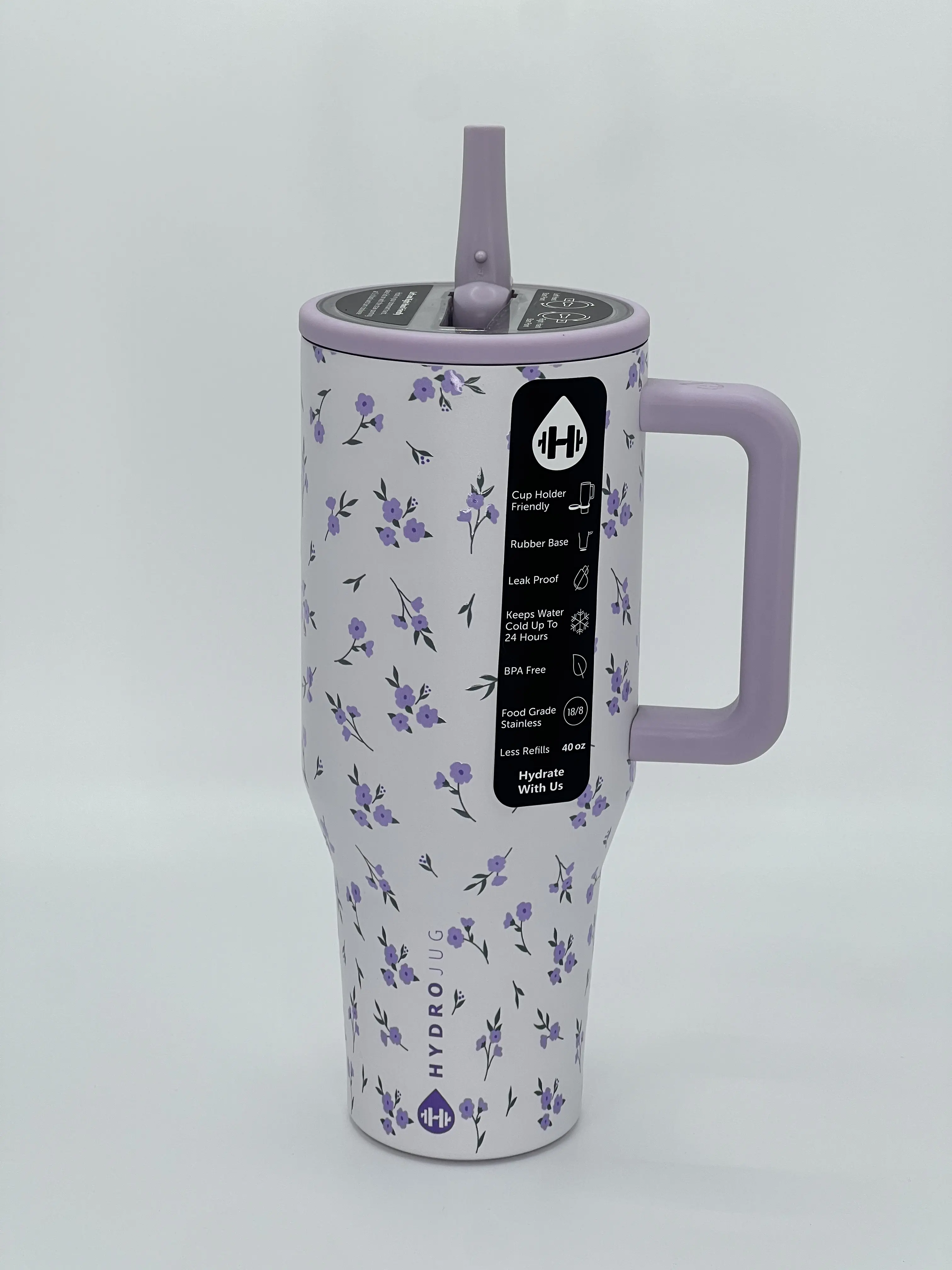 HydroJug Traveler 40oz Insulated Stainless Steel Flask Tumbler - Portable, Stylish Purple Floral Print, Leakproof, Cup Holder Friendly, BPA-Free, with Handle & Straw, Women's Skull Mug Alternative, Outdoor Gift, Flasks, Flowers