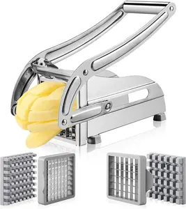 French Fry Cutter Stainless Steel Vegetable Dicer Potato Slicer French Fries Grater Potato Chipper Chip Cutter with 2 Replacement Blades and Non-Slip Feet for Commercial Family Easy Slicer