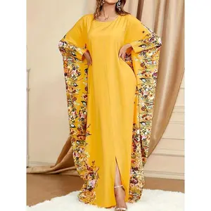 [Print Kaftan Abaya Crew Neck] Floral Print Crew Neck Kaftan Abaya, Elegant Batwing Sleeve Split Maxi Dress, Women's Clothing