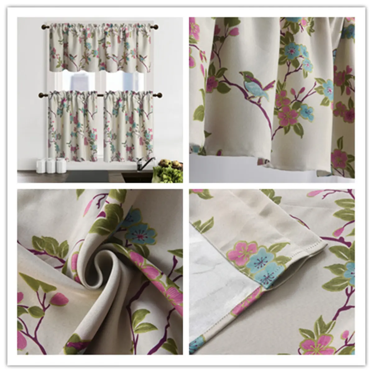 Magpie Floral Kitchen Curtain Set, includes two short curtains, suitable for decorating windows above the kitchen sink, can also be used in the bathroom and living room (2 valances (52"x18") or 2 curtains (30"x24"))