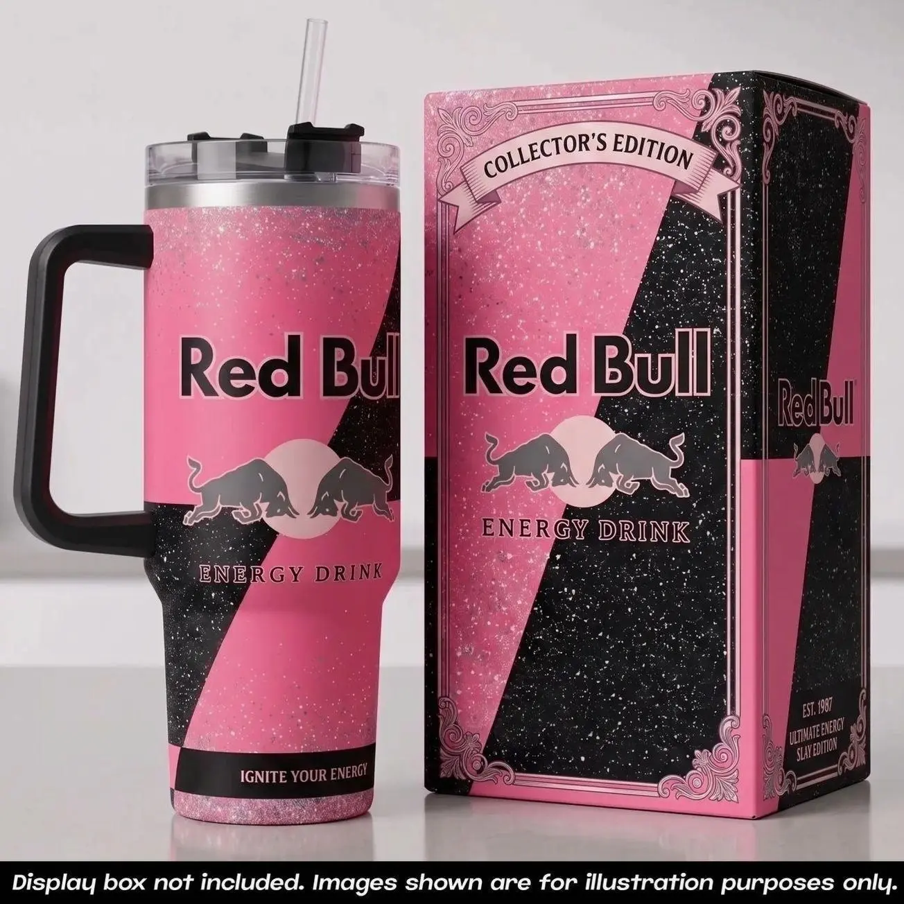 Red Bull 40oz Tumbler With Handle No Box, Energy Drink RB Pink Glitter Travel Mug, Ignite Your Energy Stainless Steel Insulated Cup, Charging Bulls Sports Drinkware, Cold Iced Coffee Water Tumbler, Extreme Sports Fan Gifts