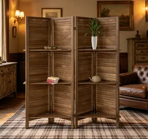 Ecomex 4-Panel Folding Room Divider Screen with Display Shelves, 5.6 ft Tall, Brown Indoor Furniture