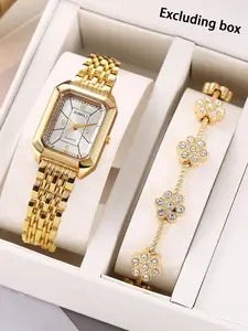 2 pcs Women's Retro Square Diamond-Embedded Steel Band Quartz Fashion New Style Watch + Flower Pattern Diamond-Embedded Bracelet Fashion Watch Jewelry