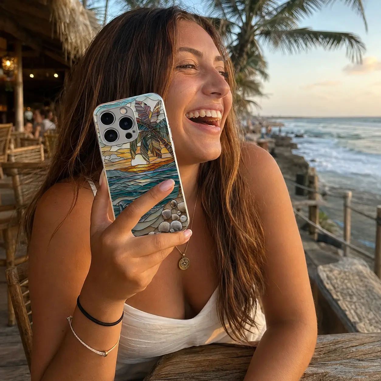 Cute tropical summer vacation phone case, clear coastal island ocean bumper for iPhone 17/16/15/14 Pro Max and Samsung S26/S25/S24 Ultra — 975