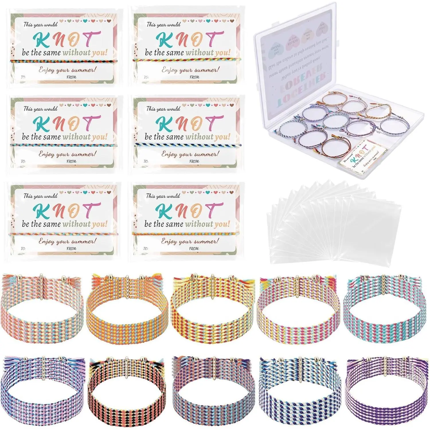 60 Sets End of Year Gift Boho Bracelet, Woven Wrap Graduation Friendship Braided Bracelets with Card, Adjustable Woven Rope Bracelets for Students Summmer