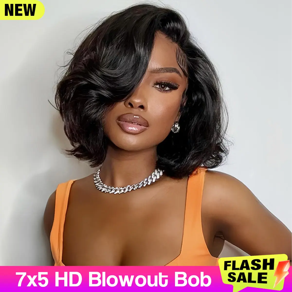 OQ HAIR Blowout Bob Wear Go Wig 7x5 Pre-Cut HD Layered Glueless Human Hair Wigs Pre-Bleached Tiny Knots for Women Vacation Hair Outdoorfun