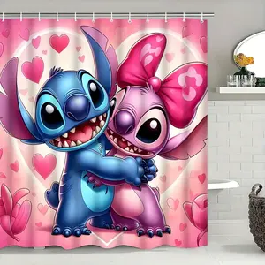 DISNEY CLASSIC Stitch & Angel Shower Curtain, Waterproof Polyester, Heart - Themed Bathroom Decor with Hooks