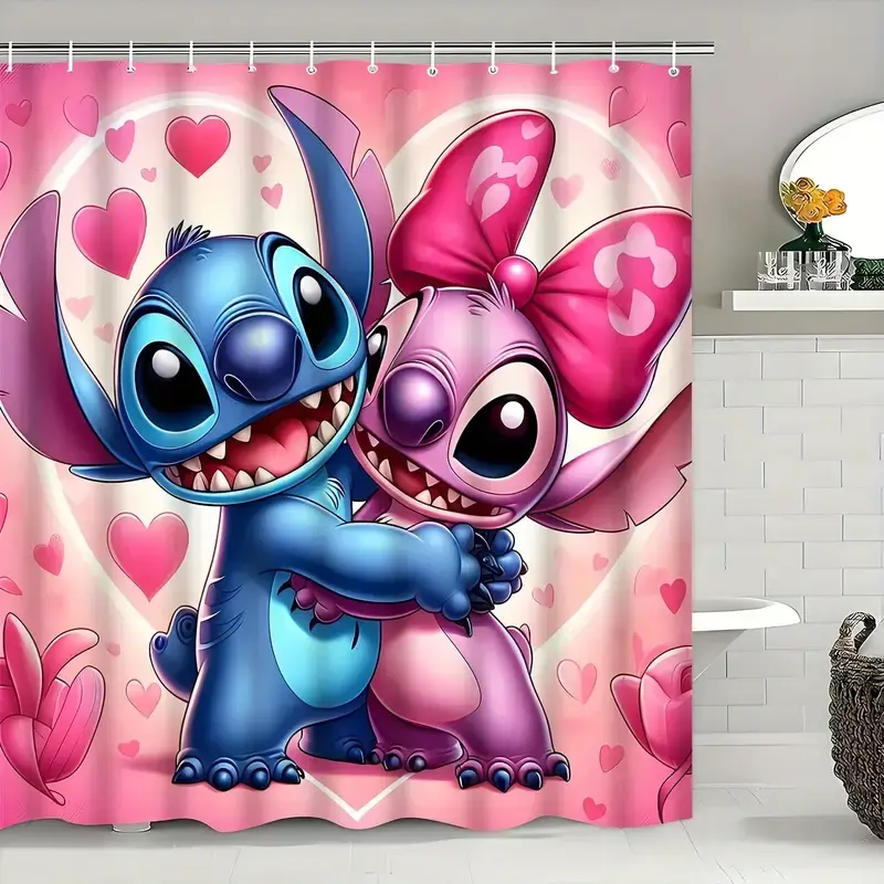 DISNEY CLASSIC Stitch & Angel Waterproof Polyester Shower Curtain with Hooks, Heart-Themed Funny Bathroom Decor