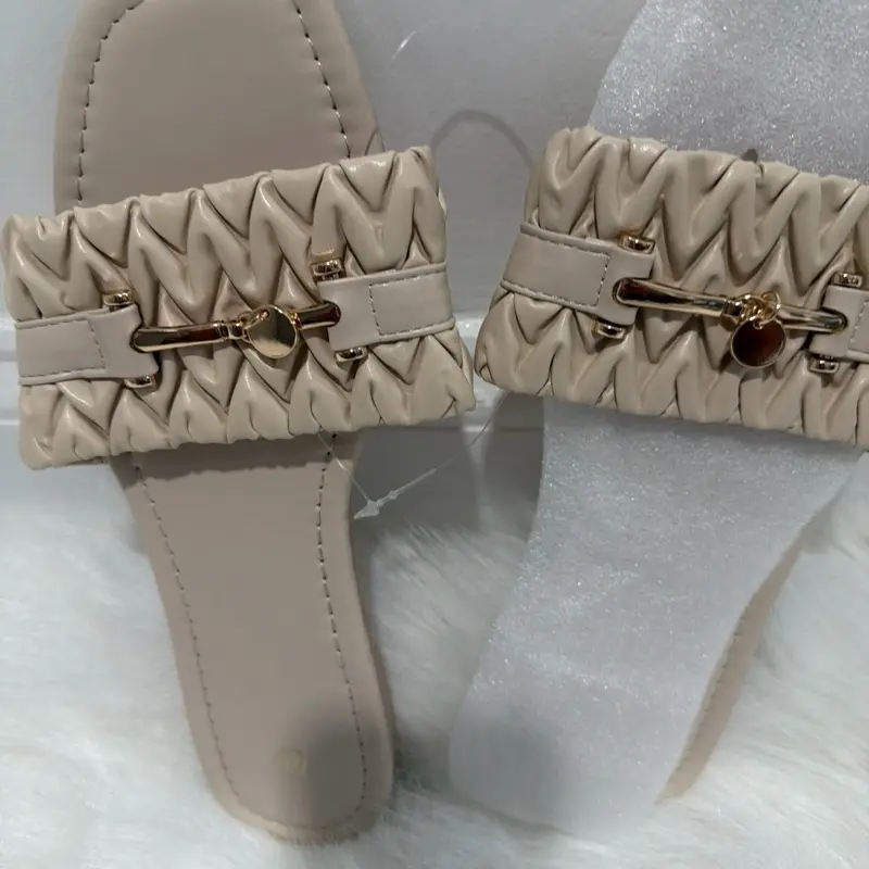 Womenswear Neutral Beige Quilted Slides Sandals with Gold Accents