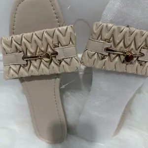 Womenswear Neutral Beige Quilted Slides Sandals with Gold Accents