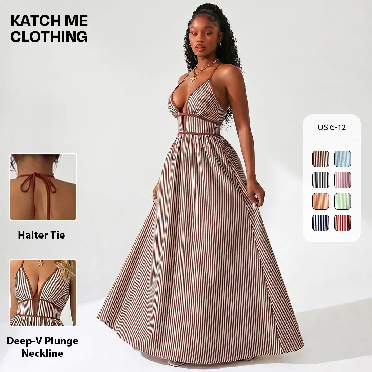 KATCH ME Women's Pinstripe Maxi Dress, Elegant V-Neck with Adjustable Halter Tie, Lightweight Polyester Blend Summer Resort Wear