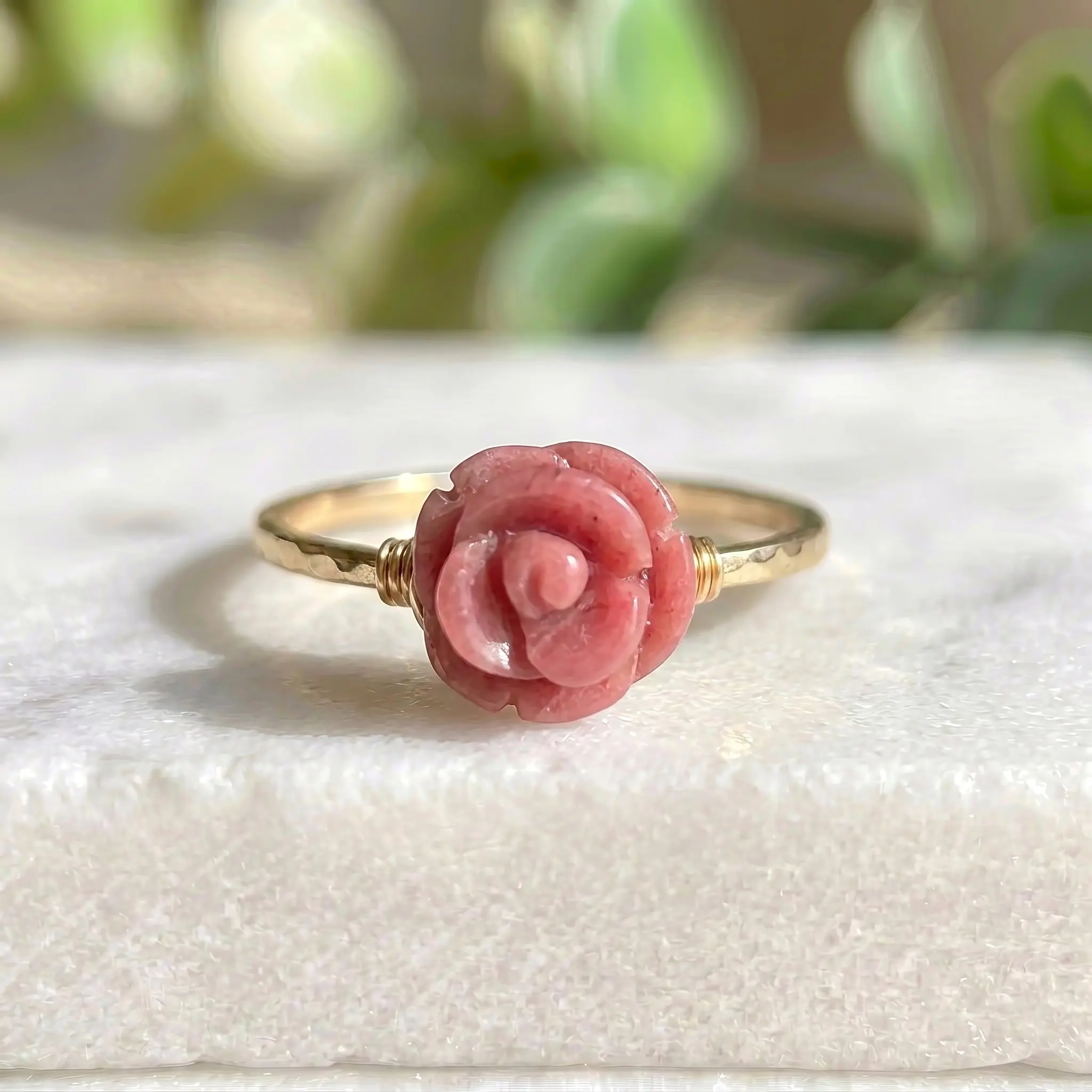 Gold Filled Carved Rhodochrosite Natural Crystal Pink Rose Ring